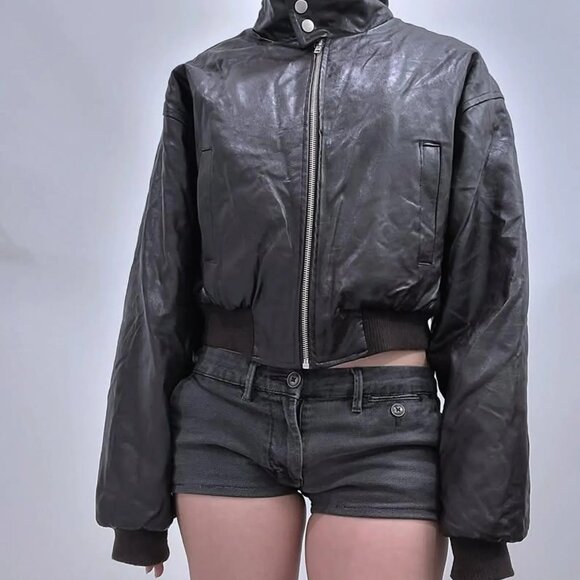 Cropped Leather Brown Sherpa Fleece Winter Jacket - Picture 2 of 6